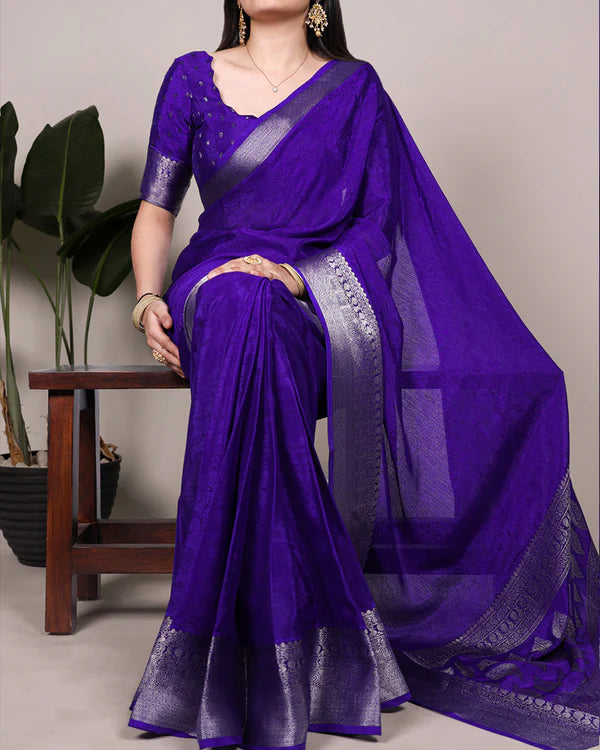 Womenline Royal Blue Color Chinon Self Printed Saree