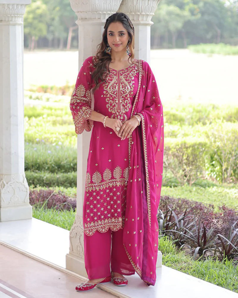 Womenline Rani Pink Color Georgette Embroidered Three Piece Kurti Suit
