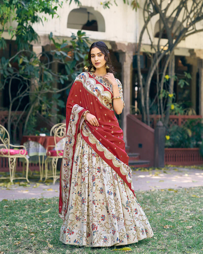 Womenline Off-White Color Tasar Silk Foil Printed Lehenga Choli