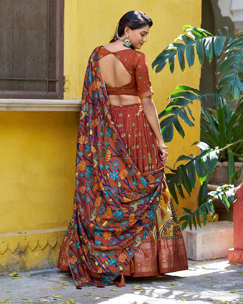 Womenline Rust Orange Color Tussar Silk Kalamkari Printed Lehenga Choli