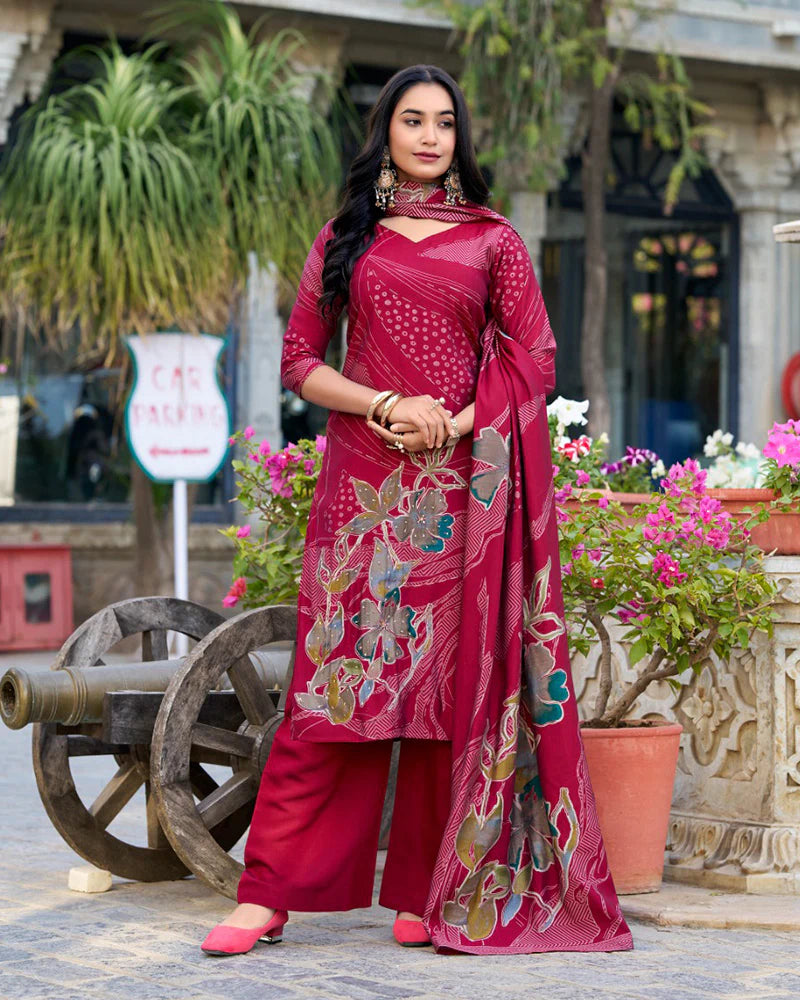 Womenline Maroon Color Roman Silk Three Piece Kurti Suit