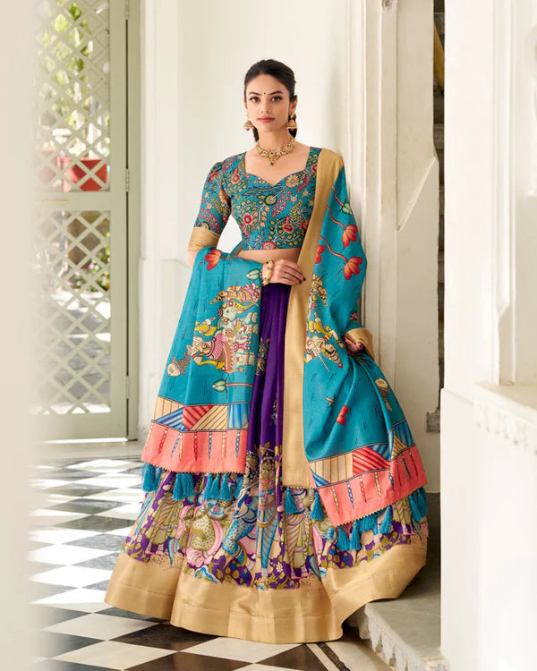 Womenline Purple Color Dola Silk Designer Kalamkari Print Half Saree