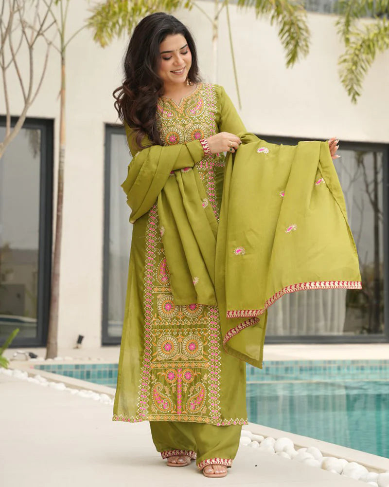 Womenline Parrot Color Chinon Embroidered Kurti Suit