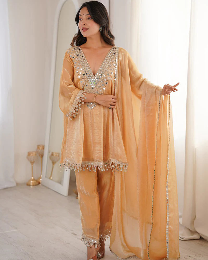 Womenline Chikoo Color Fendi Silk Embroidered Plazzo Suit