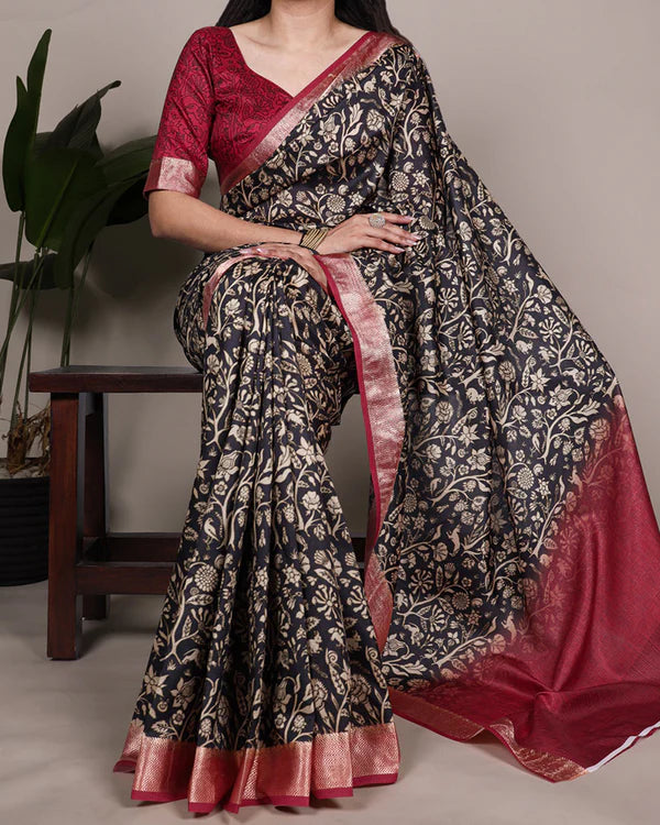 Womenline Black Color Designer Tasar Silk Printed Saree