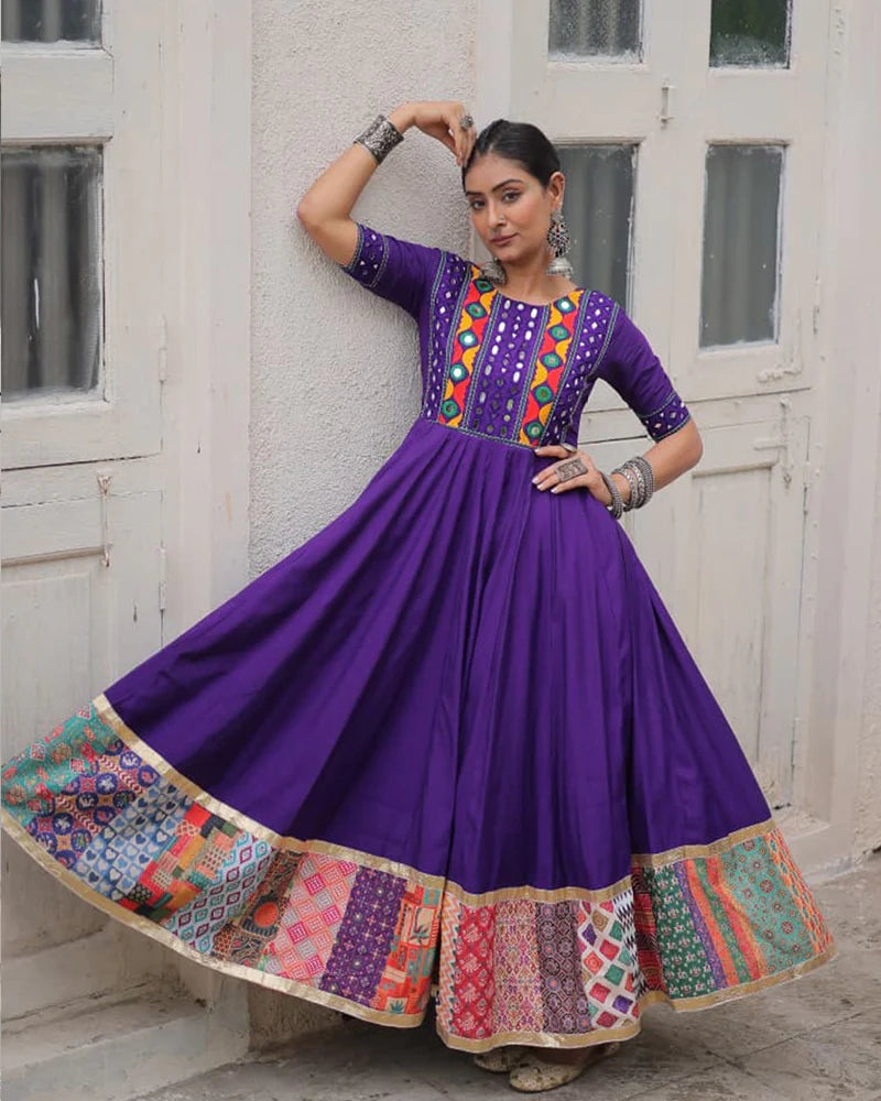 Womenline Colorful Border Purple Color Roman Silk Gamthi Work Navratri Gown