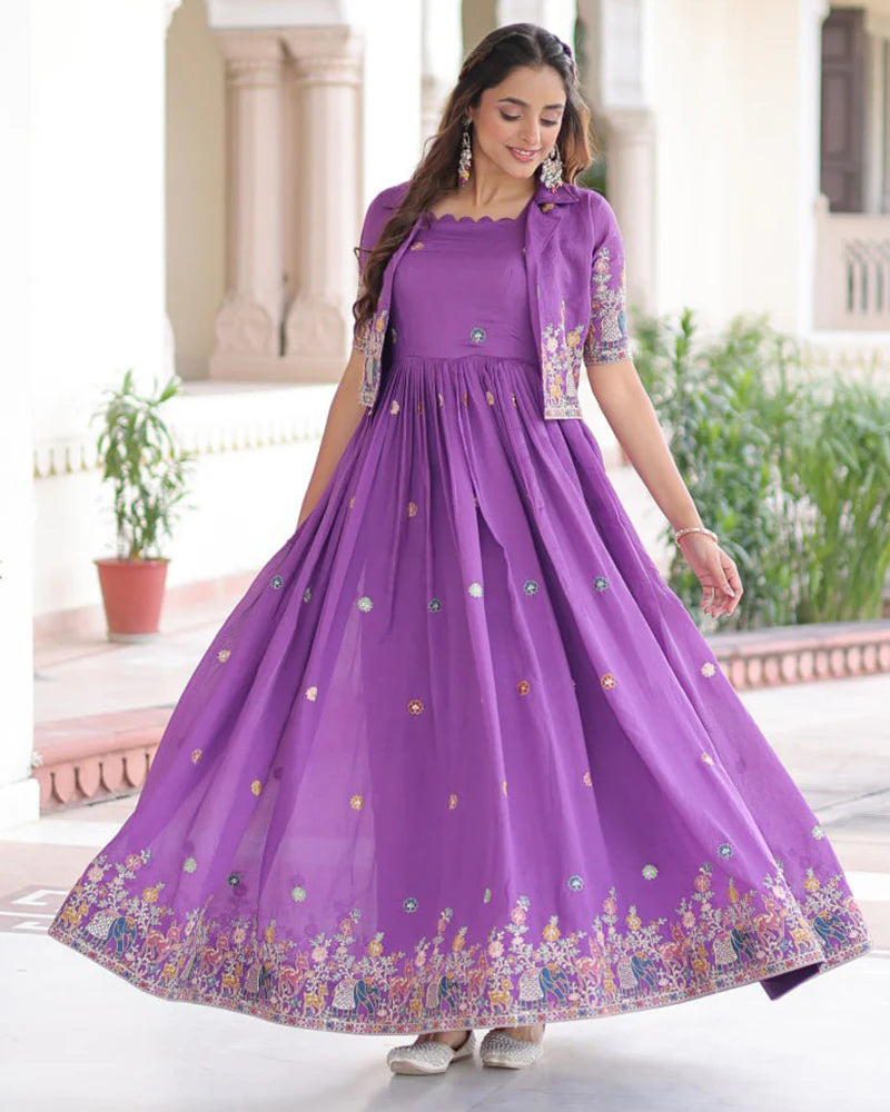 Womenline Purple Color Vichitra Silk Embroidered Gown