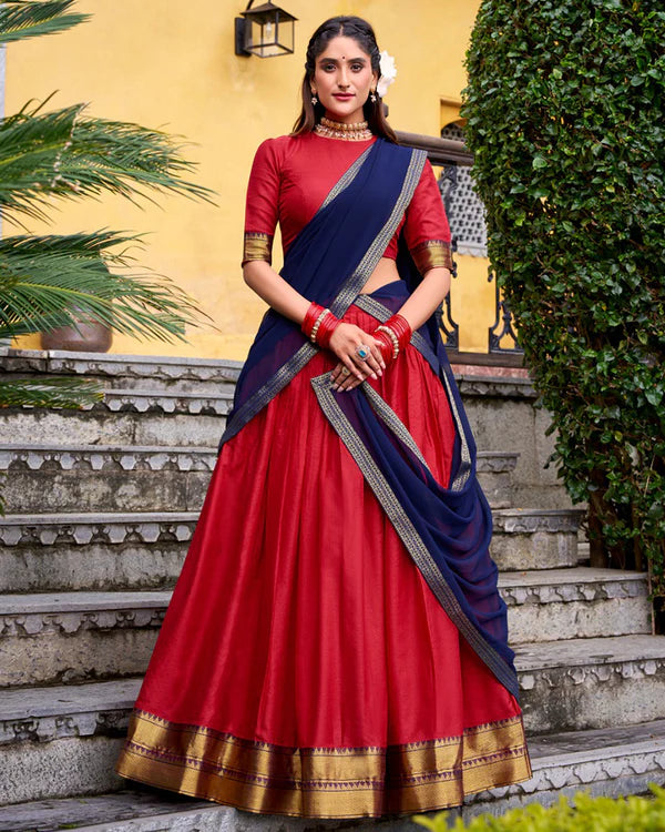 Womenline Designer Red Color Poly Cotton Half Saree