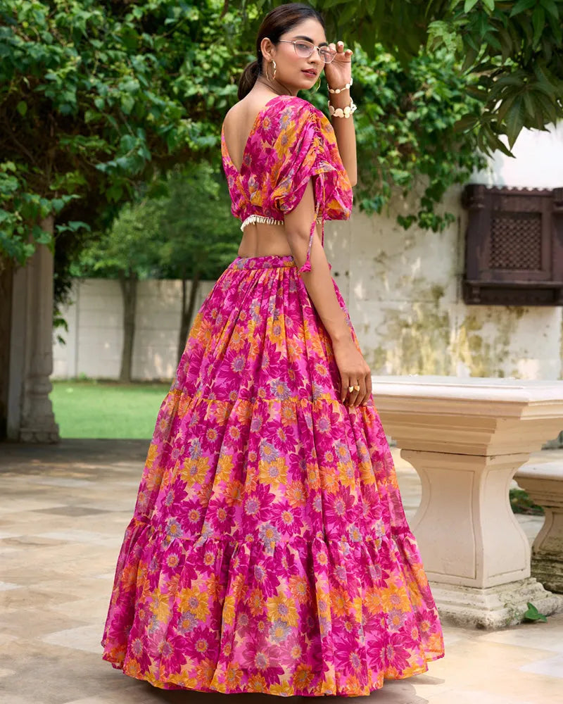Womenline Pink Color Chiffon Printed Crop Top Lehenga Choli