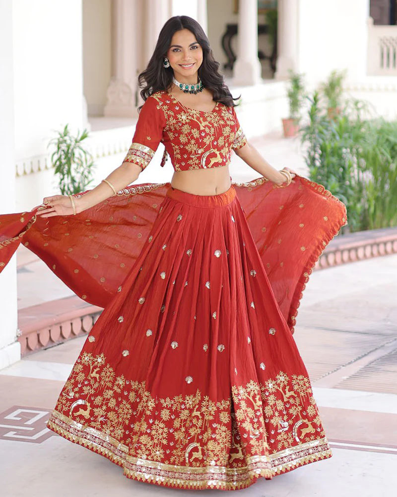 Womenline Red Color Vichitra Silk Sequence Embroidered Lehenga Choli