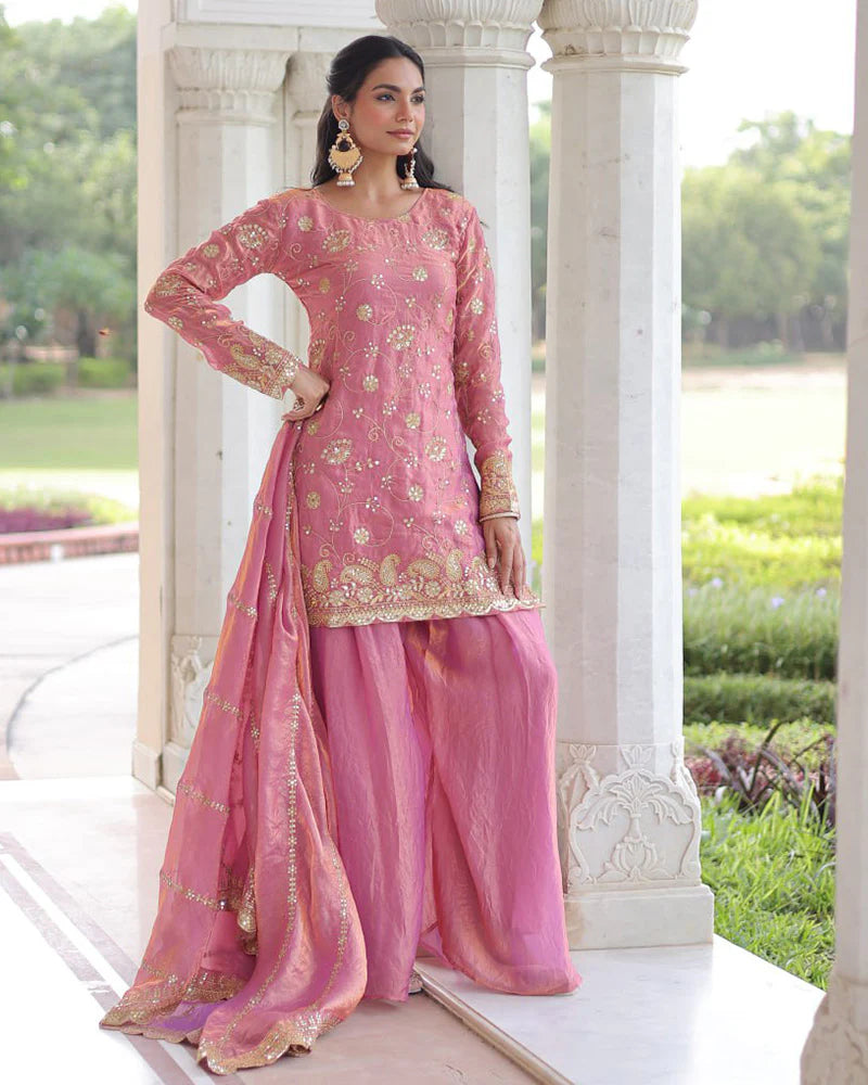 Womenline Baby Pink Color Fendi Silk Embroidered Sharara Suit
