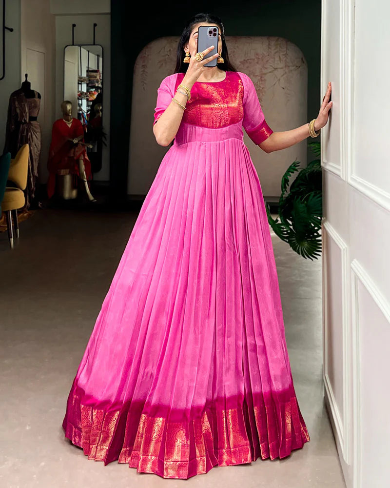 Womenline Pink Color Mass Mello Zari Weaving Gown