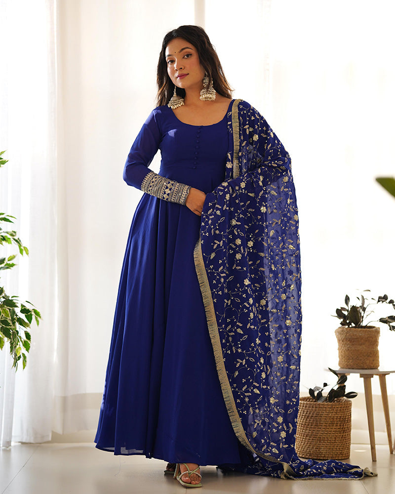 Womenline Blue Color Soft Georgette With Heavy Embroidery Work Dupatta Anarkali Suit