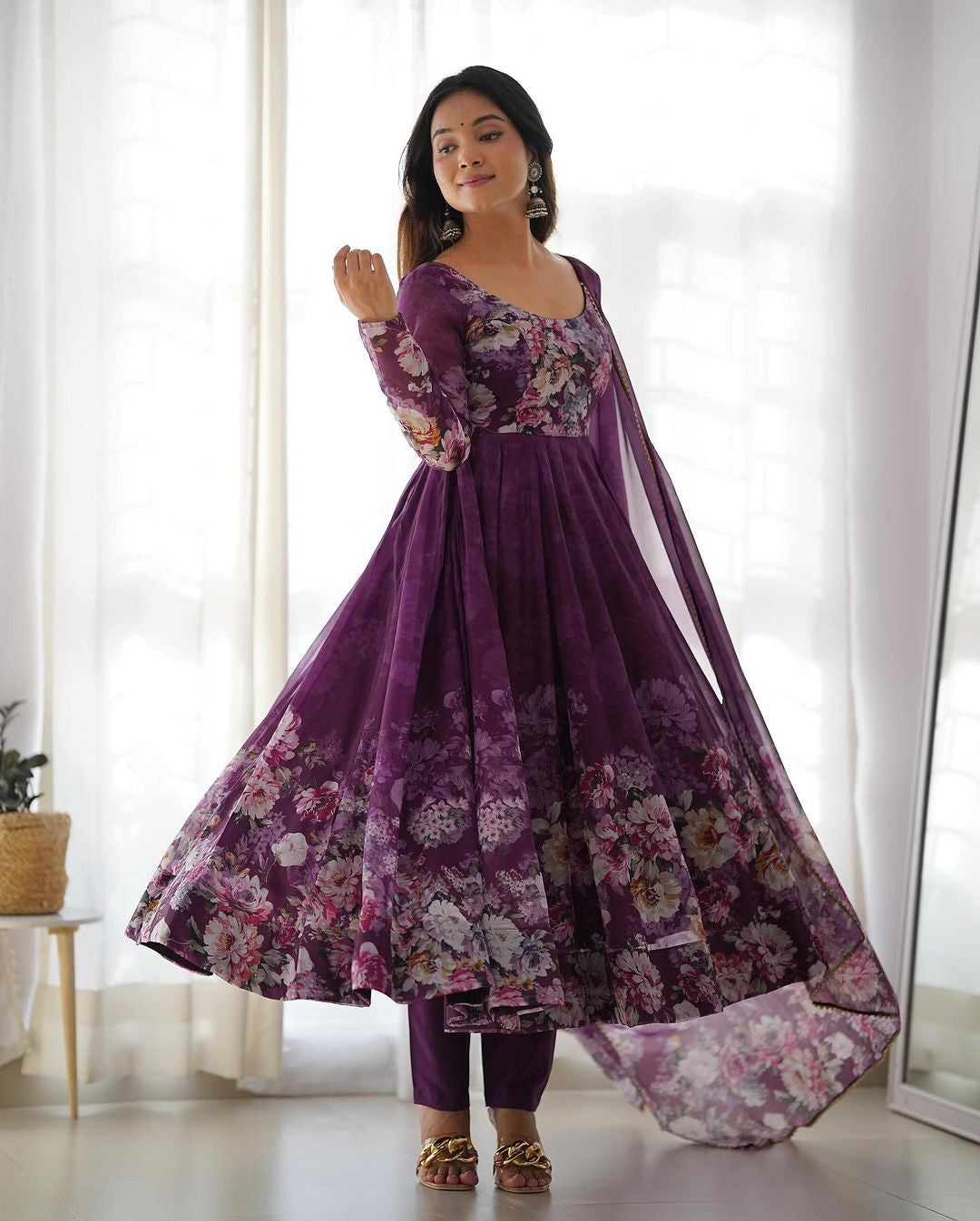 Womenline Wine Color Floral Print Organza Three Piece Anarkali Suit
