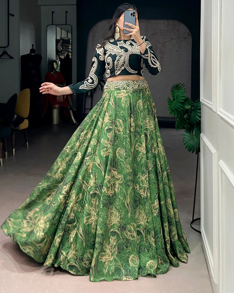 Womenline Firozi Green Color Tasar Silk Printed Embroidered Lehenga Choli