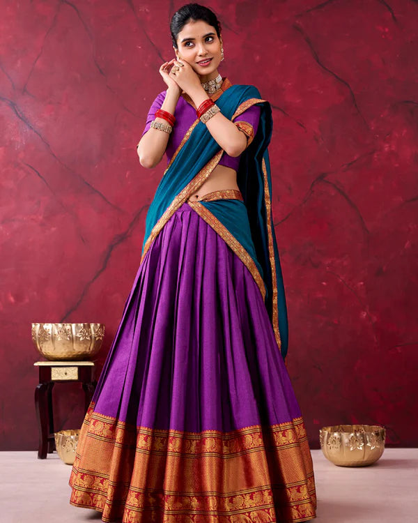 Womenline South Indian Style Purple Color Narayan Pet Cotton Half Saree