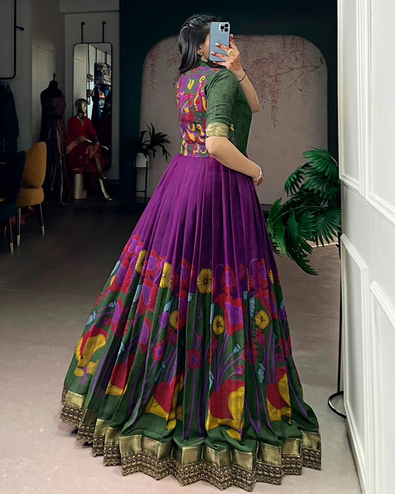 Womenline Purple Color Viscose Chanderi Floral Printed Gown
