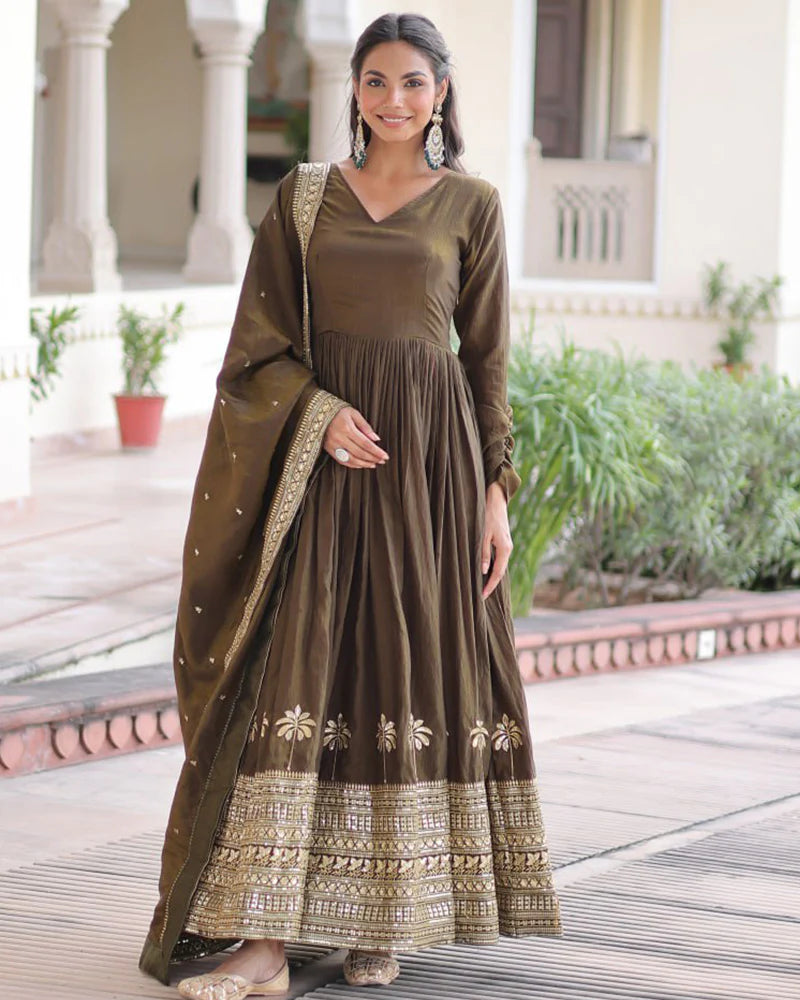 Womenline Mehndi Olive Color Vichitra Silk Sequence Embroidered Gown