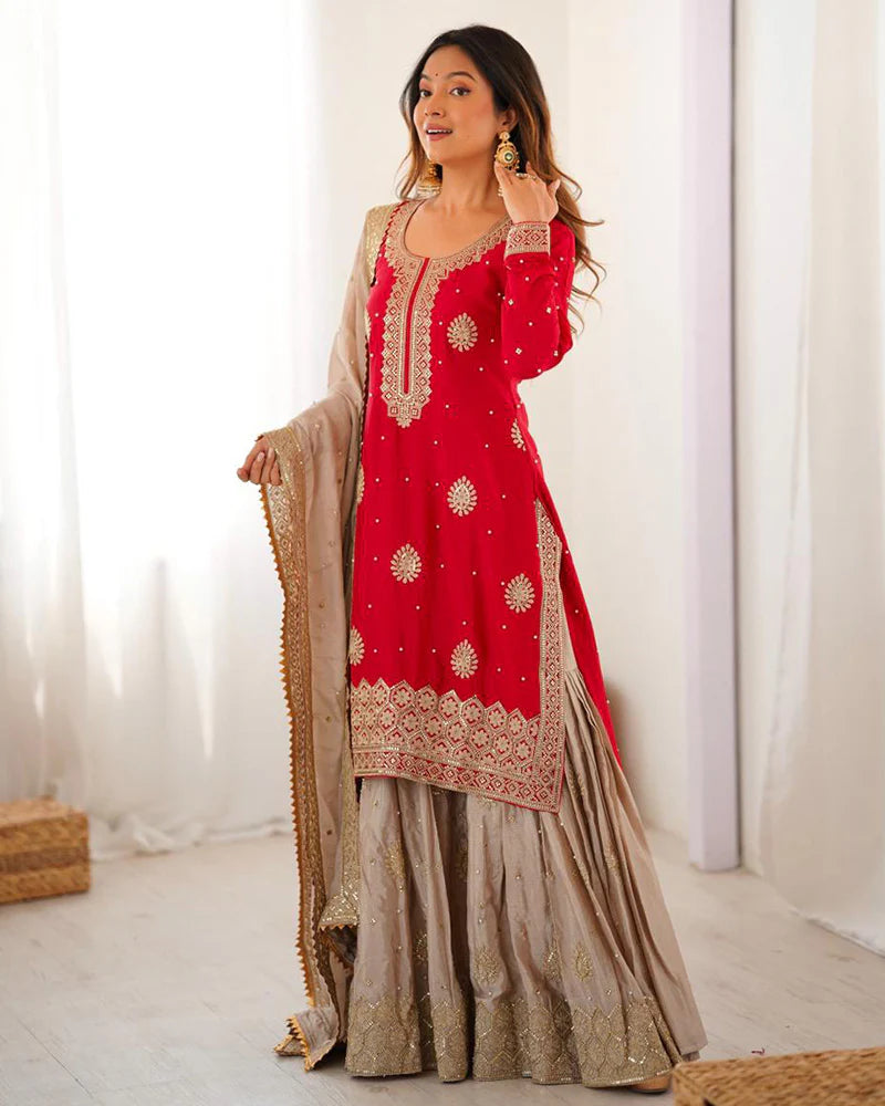 Womenline Red Color Chinon Silk Embroidered Sharara Suit