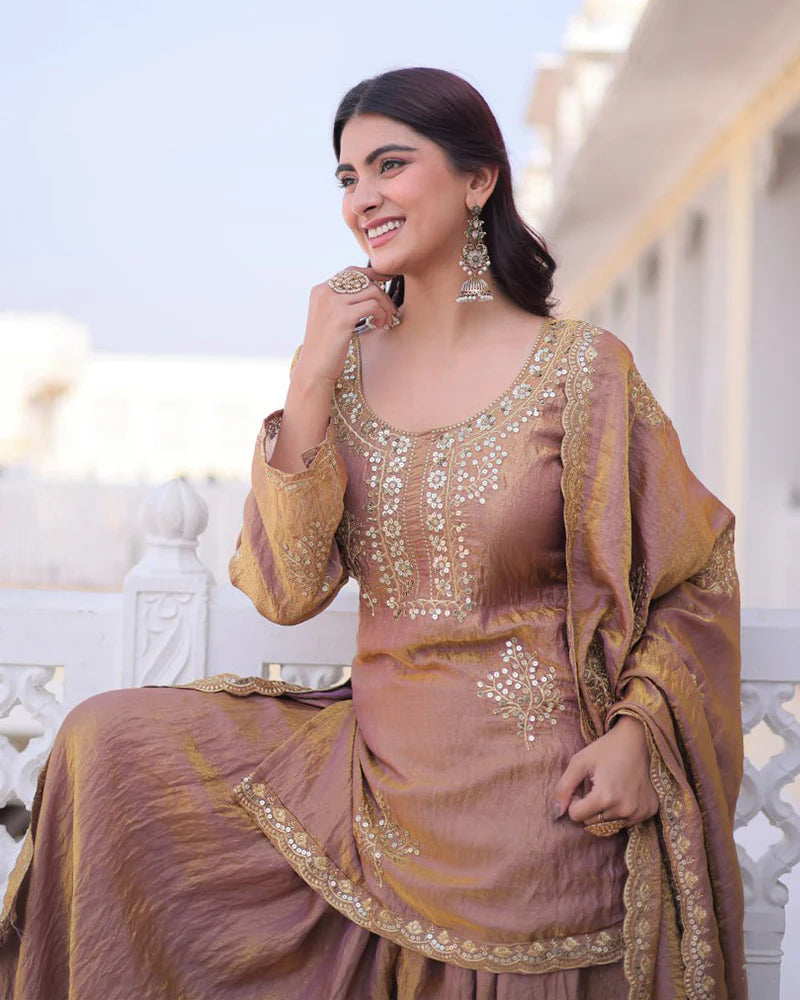 Womenline Chikoo Color Fendi Crush Embroidered Plazzo Suit