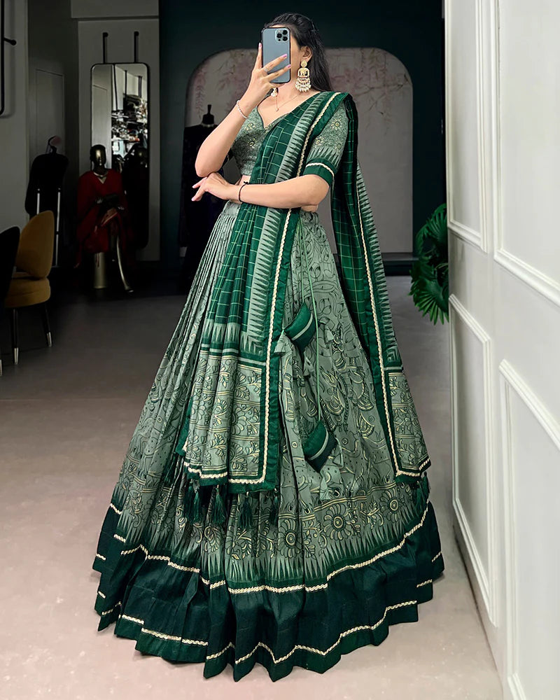 Womenline Green Color Tasar Silk Kalamkari Printed Lehenga Choli