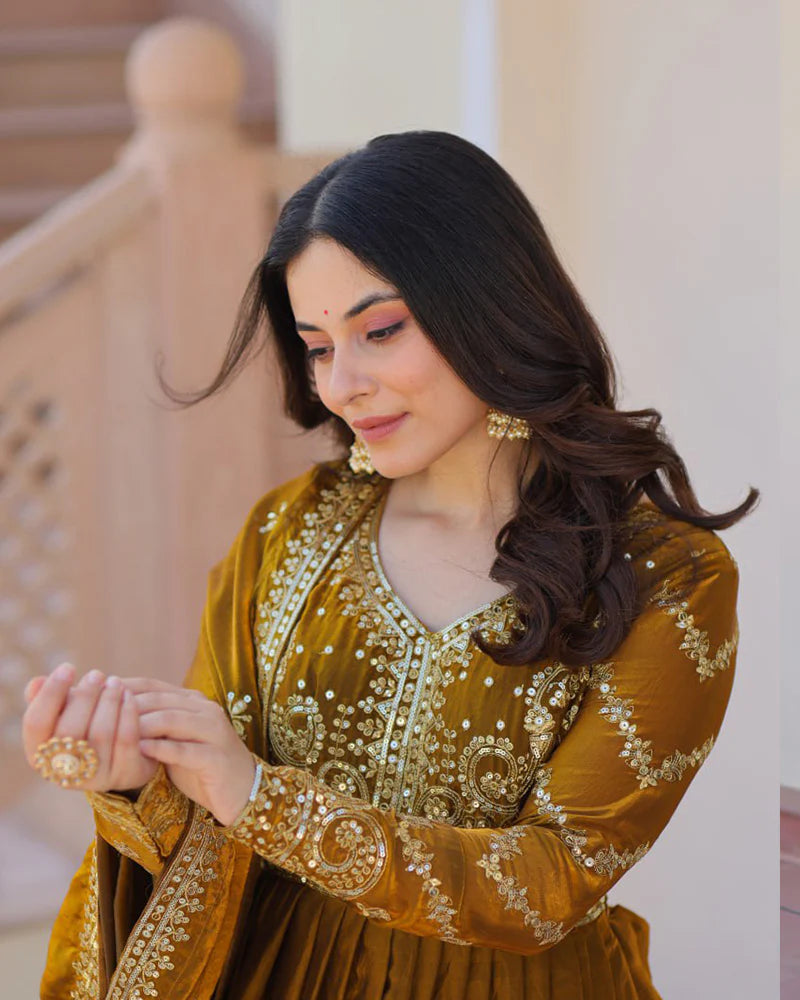 Womenline Mehndi Color Fendi Embroidered Gown