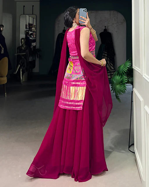 Womenline Pink Color Gaji Silk Three Piece Plazo Suit