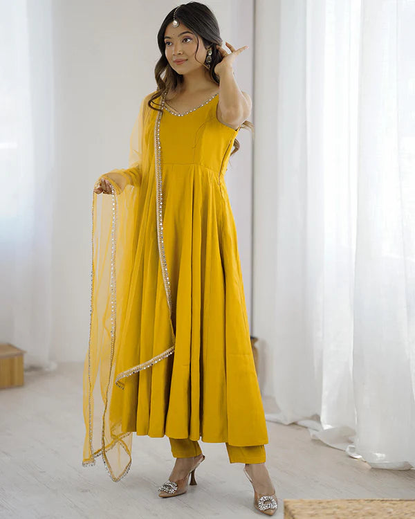 Womenline Yellow Color Chanderi Pure Roman Silk Anarkali Suit