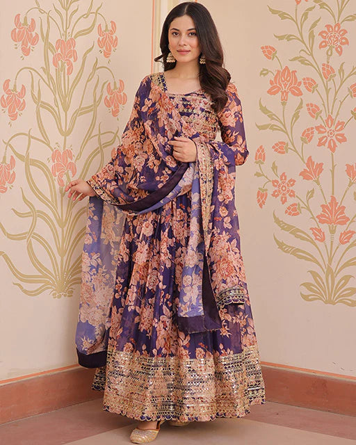 Womenline Wine Color Russian Silk Embroidered Gown