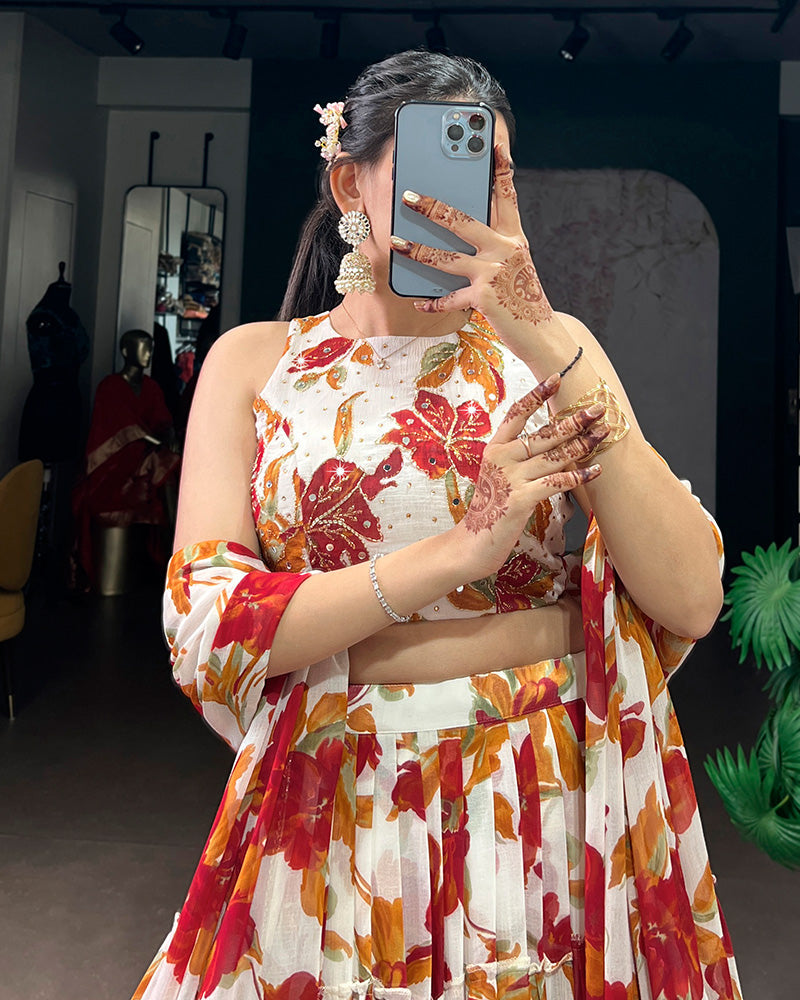 Womenline White Color Marble Floral Printed Lehenga Choli