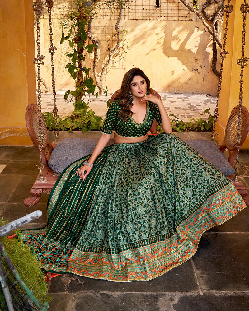 Womenline Green Color Tasar Silk Sparkle Lehenga Choli