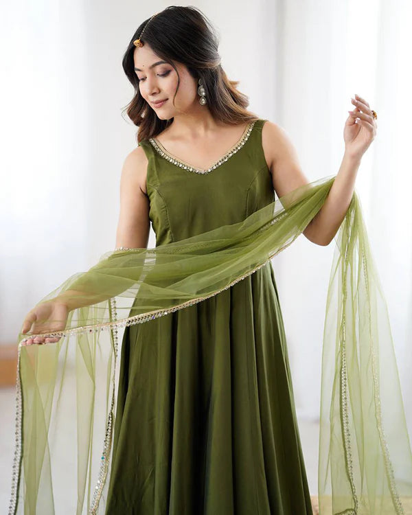 Womenline Mehndi Color Chanderi Pure Roman Silk Anarkali Suit