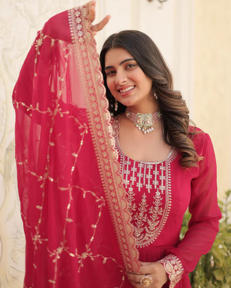 Womenline Pink Color Faux Blooming Rich Sequence Embroidered Gown