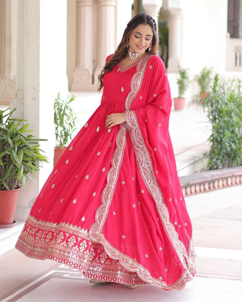 Womenline Bright Pink Vichitra Silk Sequence Embroidered Gown