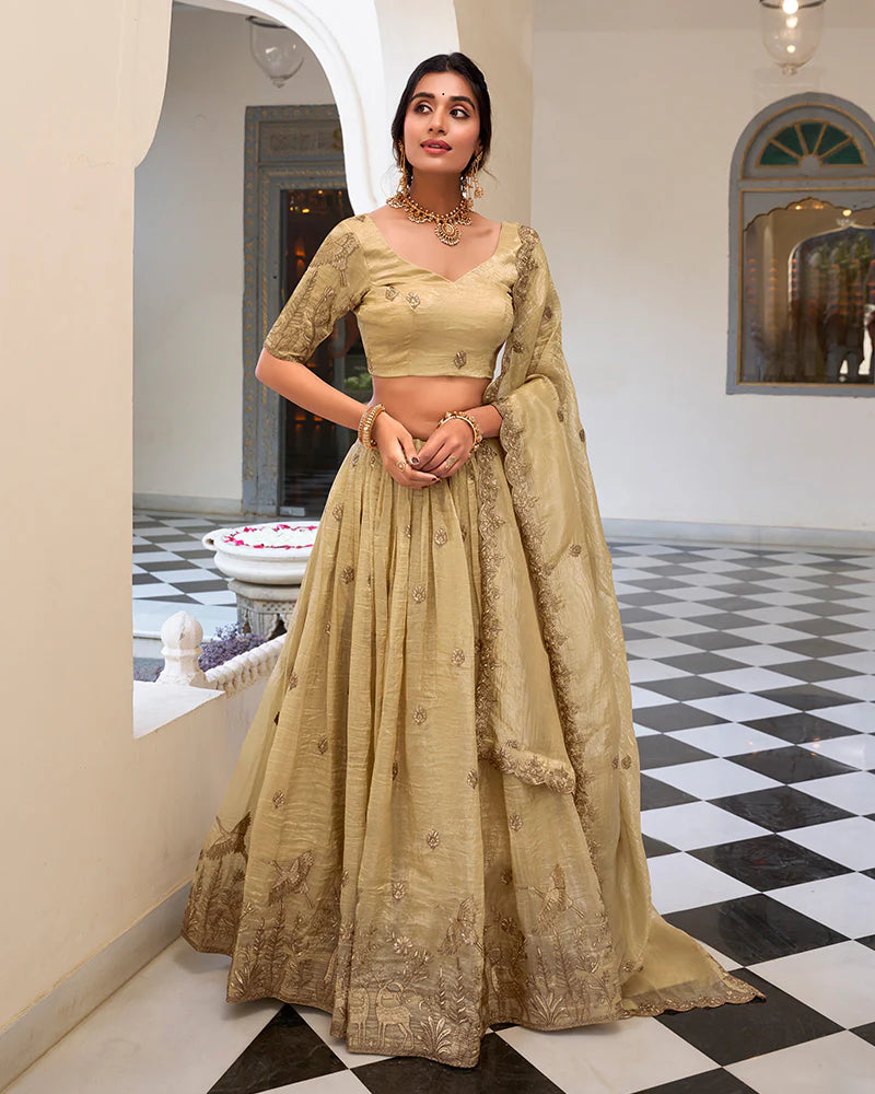 Womenline Off-White Color Gold Crush Embroidered Lehenga Choli