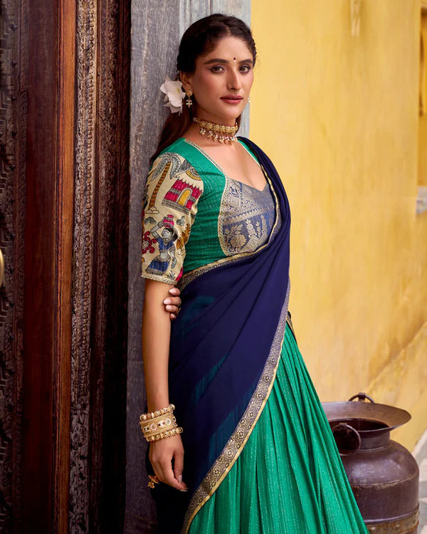 Womenline Bottle Green Color Poly Chanderi Printed Half Saree