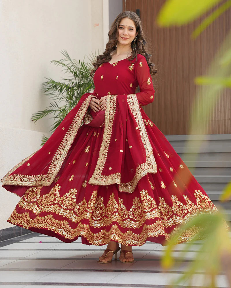 Womenline Maroon Color Designer Blooming Embroidered Gown