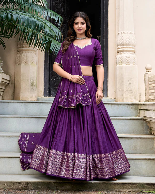 Womenline Dark Purple Color Pure Chanderi Plain Navratri Half Saree
