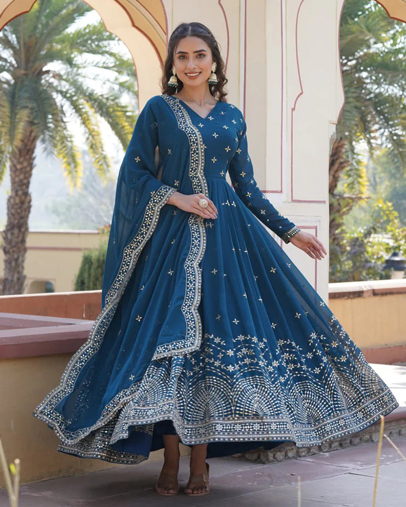 Womenline Rama Color Full Flair Anarkali Gown With Embroidered Dupatta