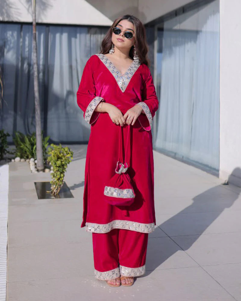 Womenline Rani Pink Color Ice Velvet Embroidered Plazzo Suit