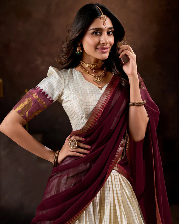 Womenline White And Maroon Color Poly Cotton Chex Onam Half Saree