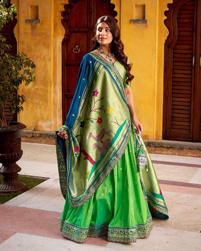 Womenline Parrot Green Color Soft Silk Paithani Lehenga Choli