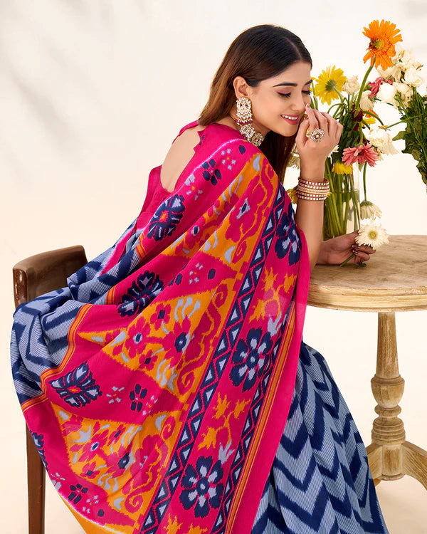 Womenline Blue Color Tasar Silk Printed Saree