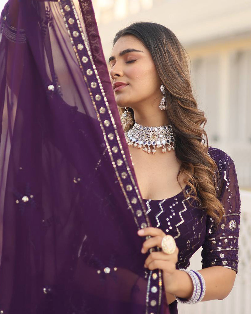 Womenline Wine Color Blooming Soft Georgette Heavy Embroidery Threaded Semi Stitched Lehenga Choli