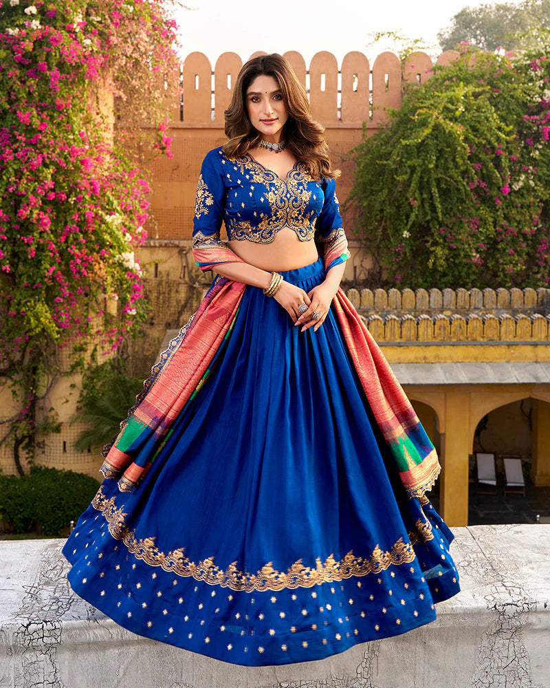Womenline Designer Royal Blue Color Vichitra Silk Embroidered Lehenga Choli