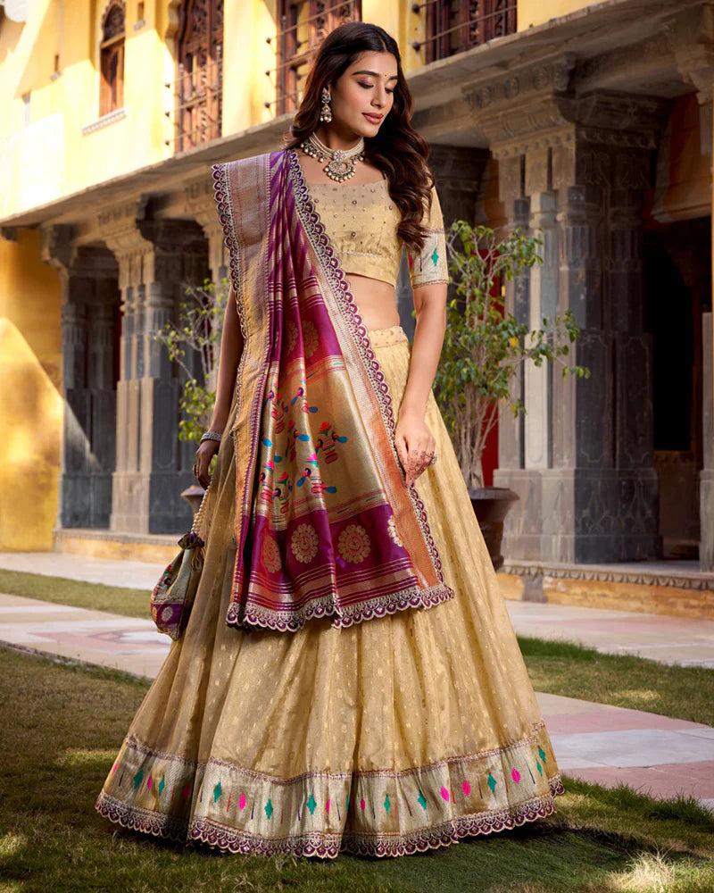 Womenline Cream Color Shimmer Organza Silk Lehenga Choli