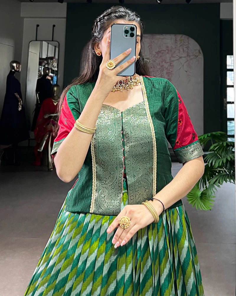 Womenline Green Color Tasar Silk Laheriya Printed Lehenga Choli