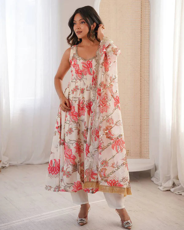 Womenline Off-White Color Pure Muslin Cotton Three Piece Anarkali Suit