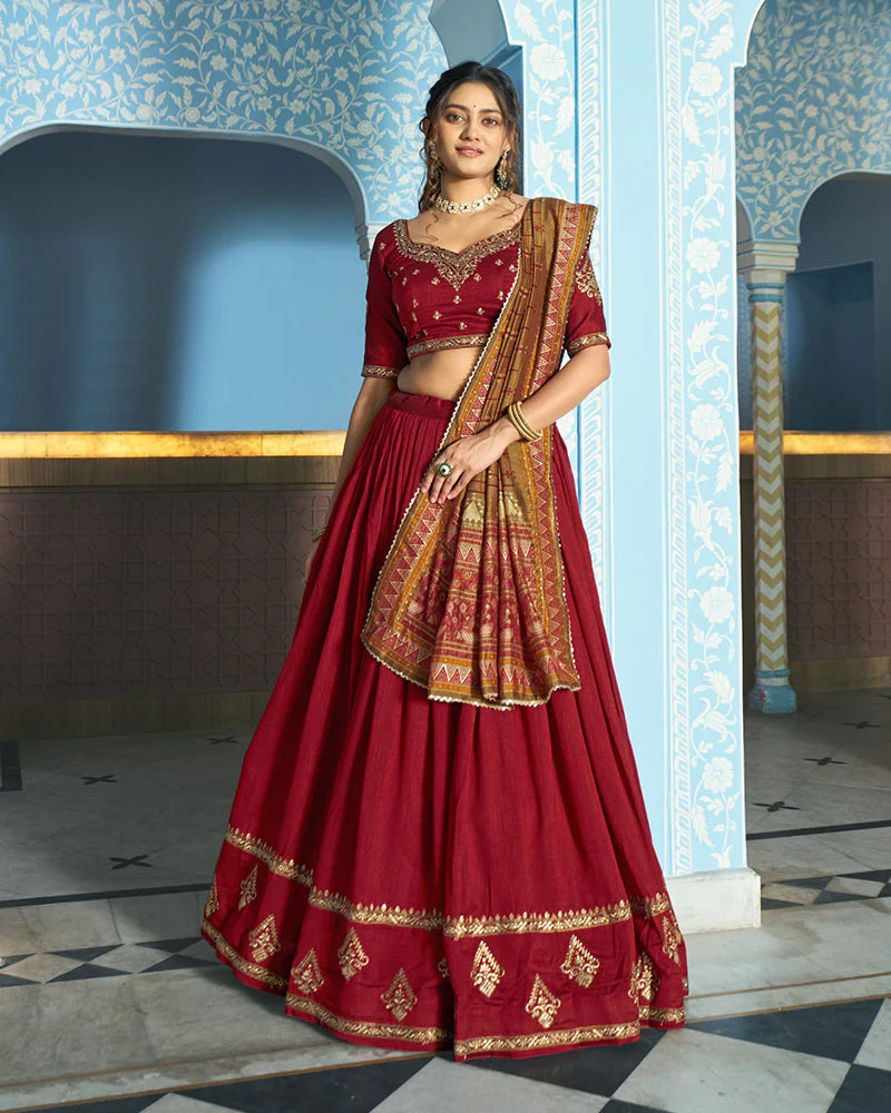 Womenline Elegant Maroon Embroidered Vichitra Silk Lehenga Choli