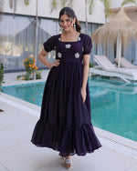 Womenline Dark Purple Color Fendi Silk Beads Embroidered Gown